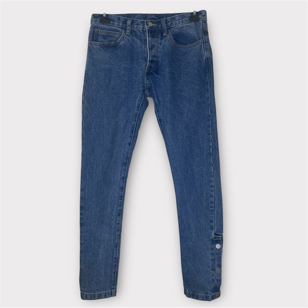 MNML Jeans Mens 29x32” Blue Denim Snap Off Ankle Button Fly Straight Slim Skinny